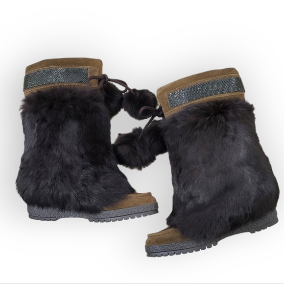 COACH Maryann Rabbit Fur Suede Boots Brown Beaded Trim Pom Pom Ties 8 - Picture 2 of 11